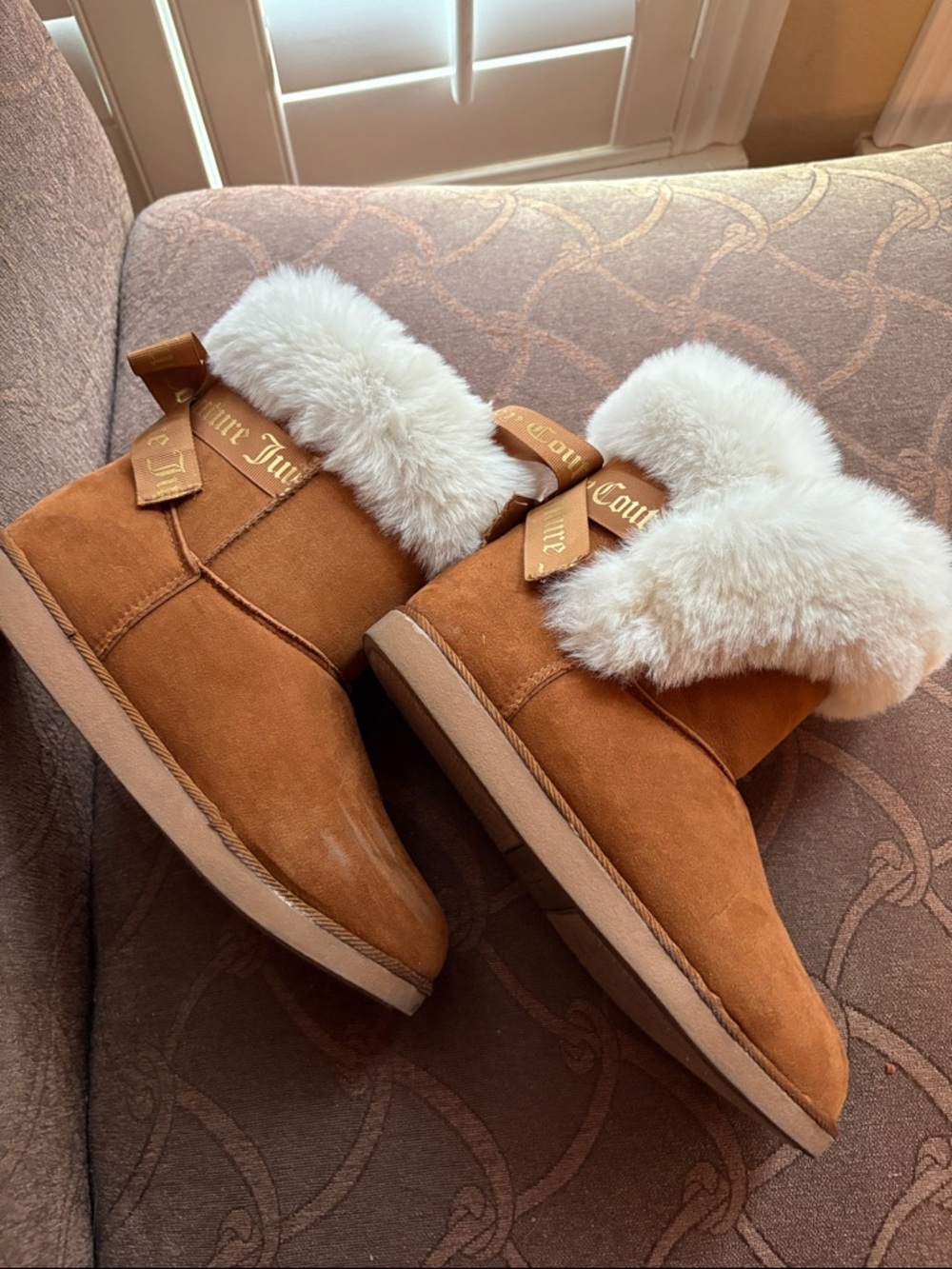 Juicy Couture Tan Suede Winter Boots with White Fur Cuff